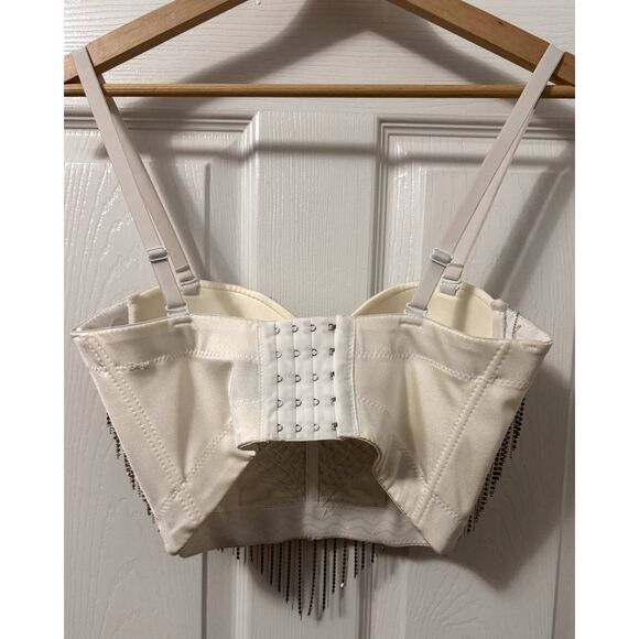 WINDSOR "I'M THE CATCH" WOMEN'S SEQUIN RHINESTONE FRINGE WHITE BUSTIER Sz SMALL - Picture 5 of 8